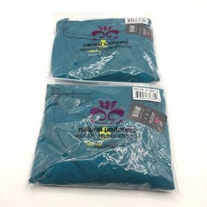 Natural Uniforms Scrub Top Womens 2X Blue Vneck Stretch Medical LOT OF 2 NEW
